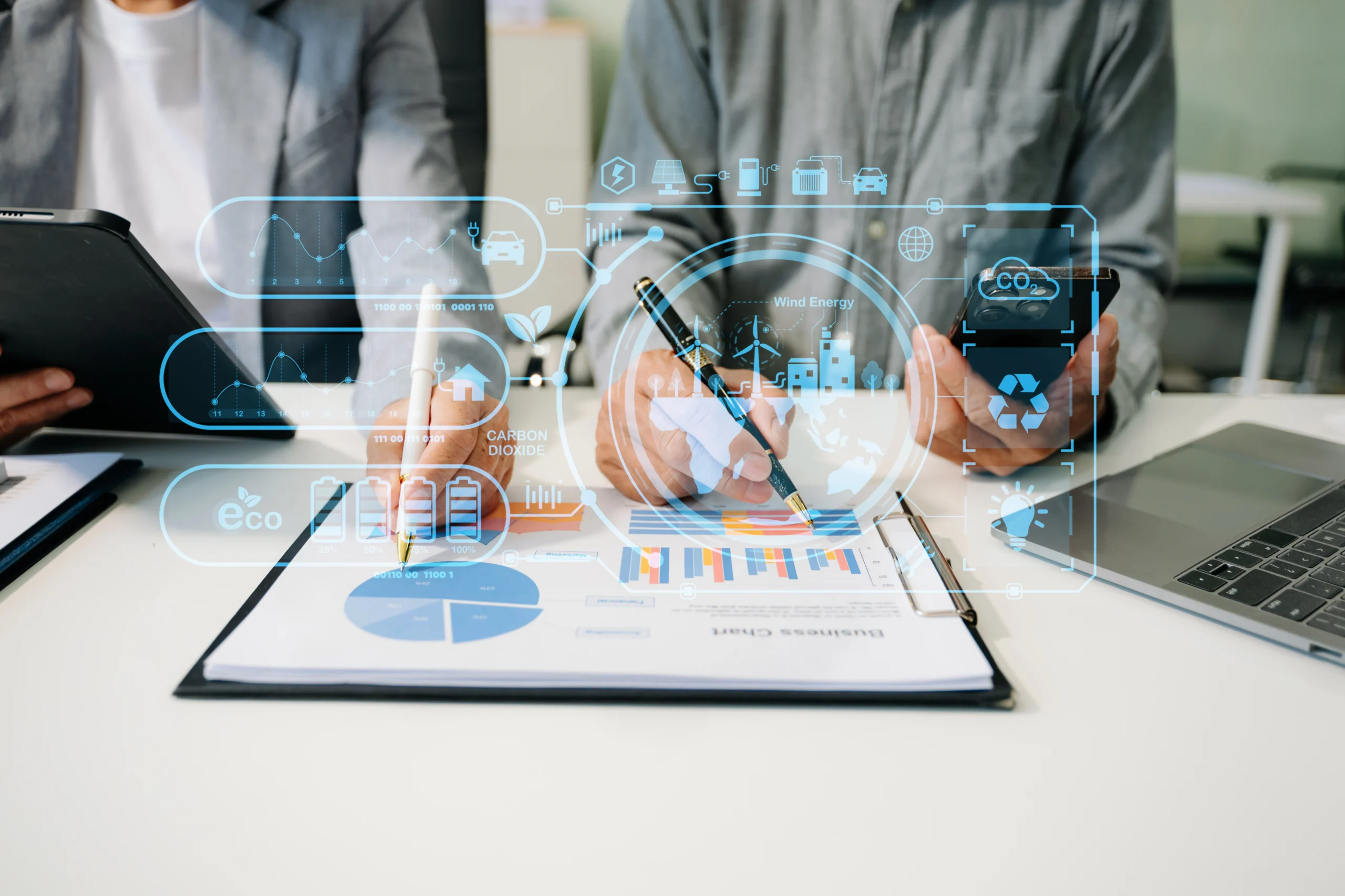 Business team working virtual-energy sector drone consulting